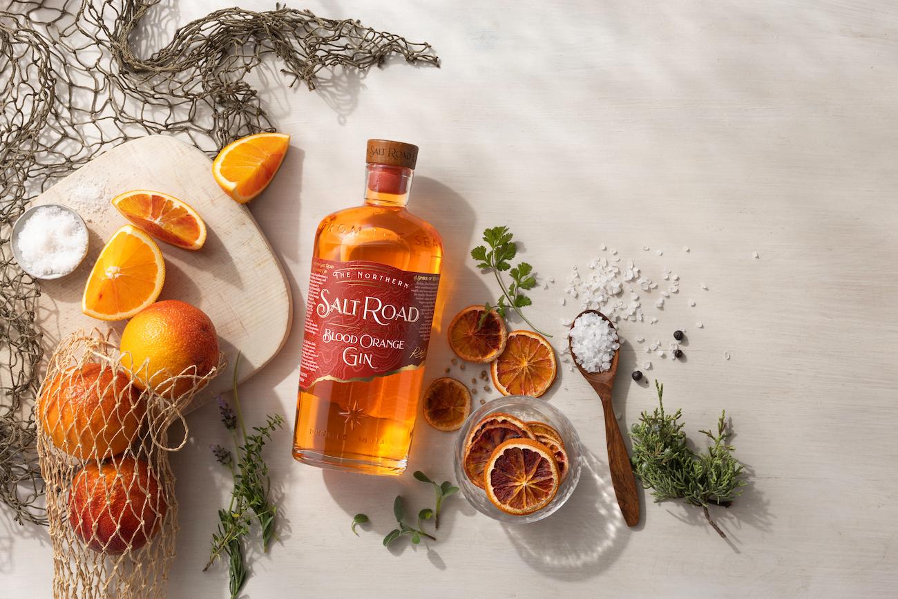Blood orange gin with salt, orange slices and spices, made by The Northern Salt Road Gin.